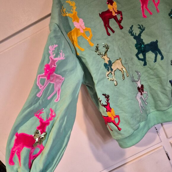 Queen of Sparkles Mint Green Sweatshirt With Velvet Reindeer & Bows - Picture 3 of 7